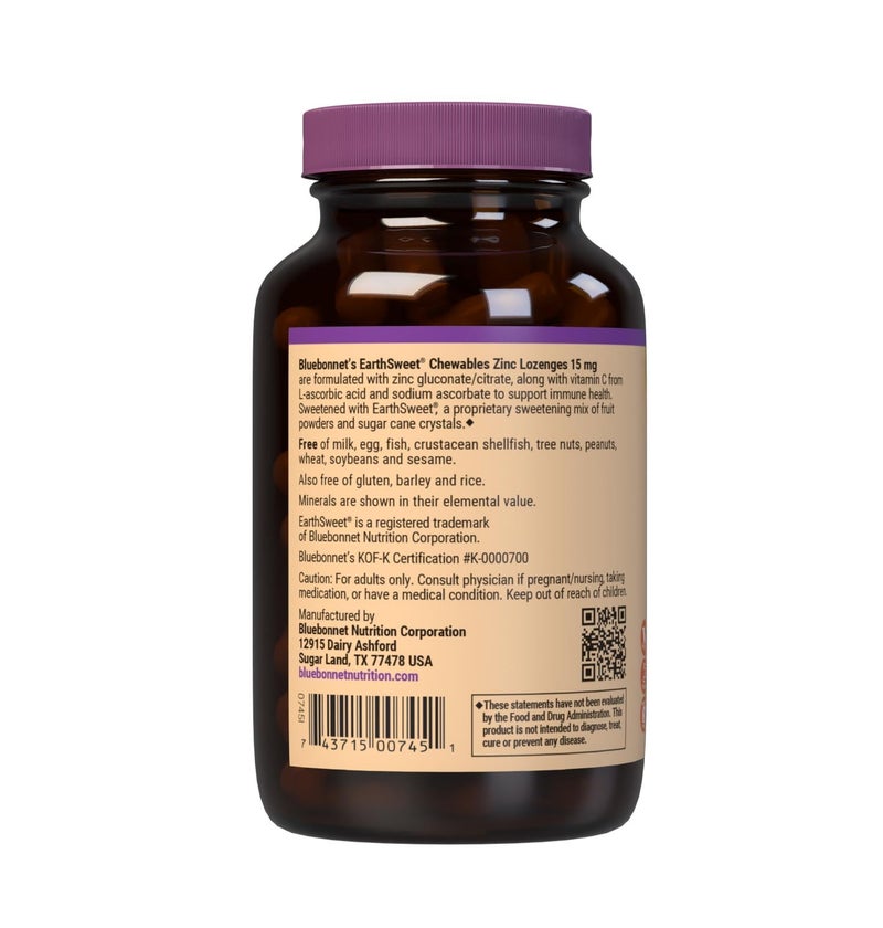 Bluebonnet Nutrition Earthsweet Zinc Lozenges 15mg Chewables, Plus 100mg of Vitamin C, Soy-Free, Gluten-Free, Kosher Certified, Dairy-Free, Vegan, Orange Flavored, 60 Lozenges - Image 3