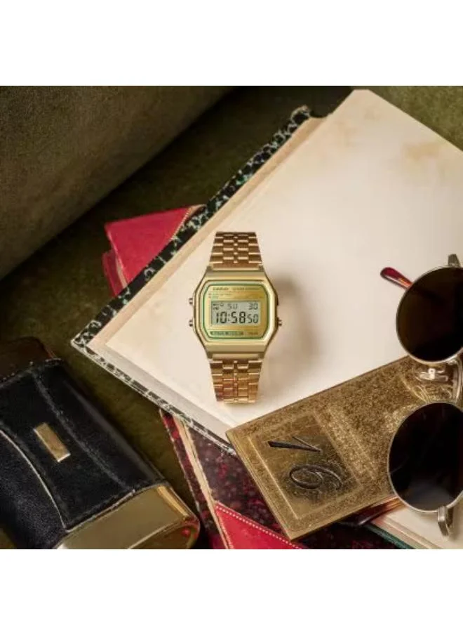 CASIO Unisex Digital Display Watch With Gold Stainless Steel Strap - A158WEGV-9ADF