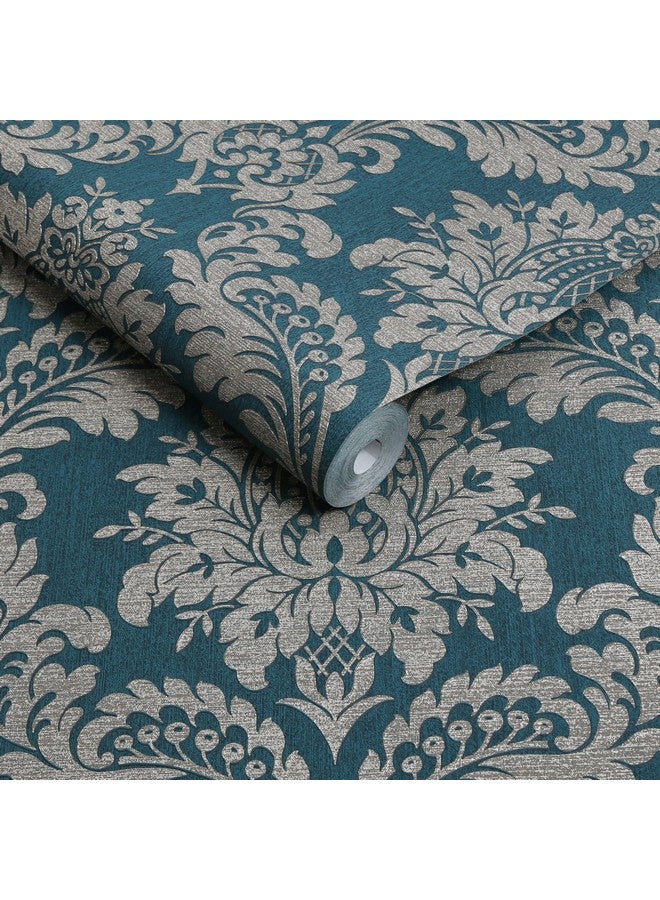 BOUTIQUE Graham & Brown Archive Damask Teal And Gold Removable Wallpaper Blue - Image 3