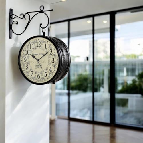 Vintage Clock Handcrafted Double Side Analog Wall Clock 1 Year Warranty / 65700-12-HH, Iron, 30x30 cm, Two Side English Number, black - Image 5