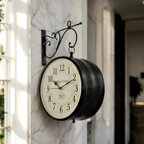Vintage Clock Handcrafted Double Side Analog Wall Clock 1 Year Warranty / 65700-12-HH, Iron, 30x30 cm, Two Side English Number, black - Image 1