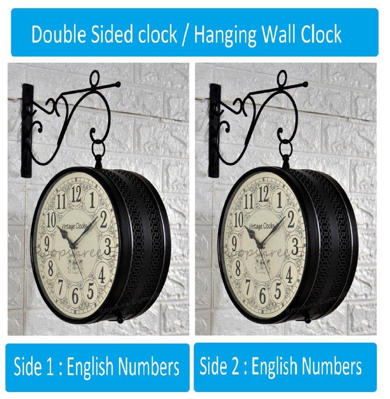 Vintage Clock Handcrafted Double Side Analog Wall Clock 1 Year Warranty / 65700-12-HH, Iron, 30x30 cm, Two Side English Number, black - Image 2