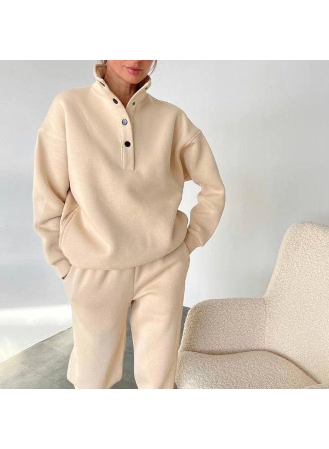NIBEMINENT Fashion Button-up Stand Collar Long-sleeved Sweatshirt Top + Cuffed Pants 2-piece Set Women Pure Color Casual Autumn Suit Female - Image 2