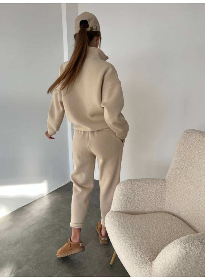 NIBEMINENT Fashion Button-up Stand Collar Long-sleeved Sweatshirt Top + Cuffed Pants 2-piece Set Women Pure Color Casual Autumn Suit Female - Image 3