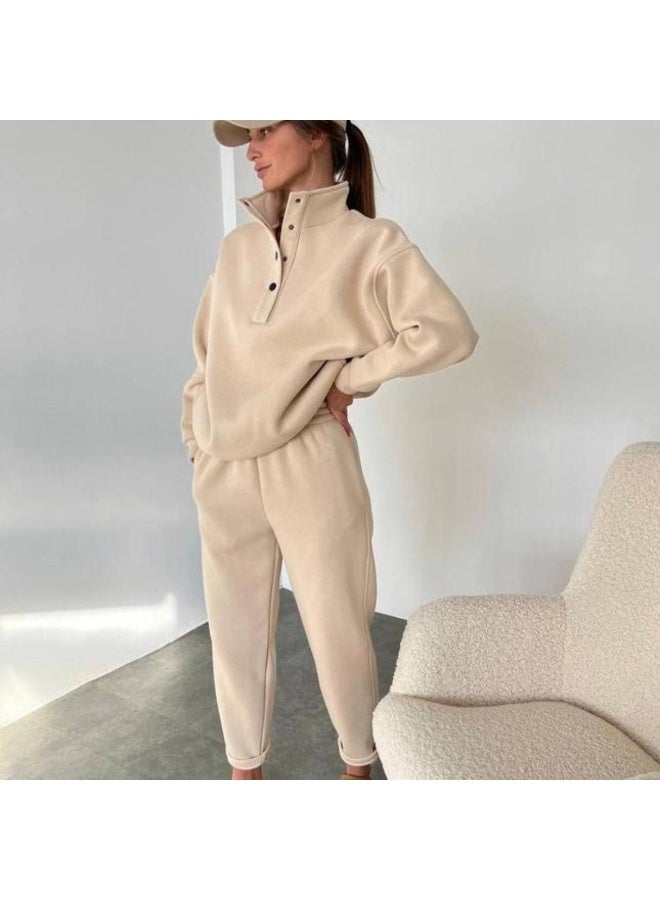 NIBEMINENT Fashion Button-up Stand Collar Long-sleeved Sweatshirt Top + Cuffed Pants 2-piece Set Women Pure Color Casual Autumn Suit Female - Image 1