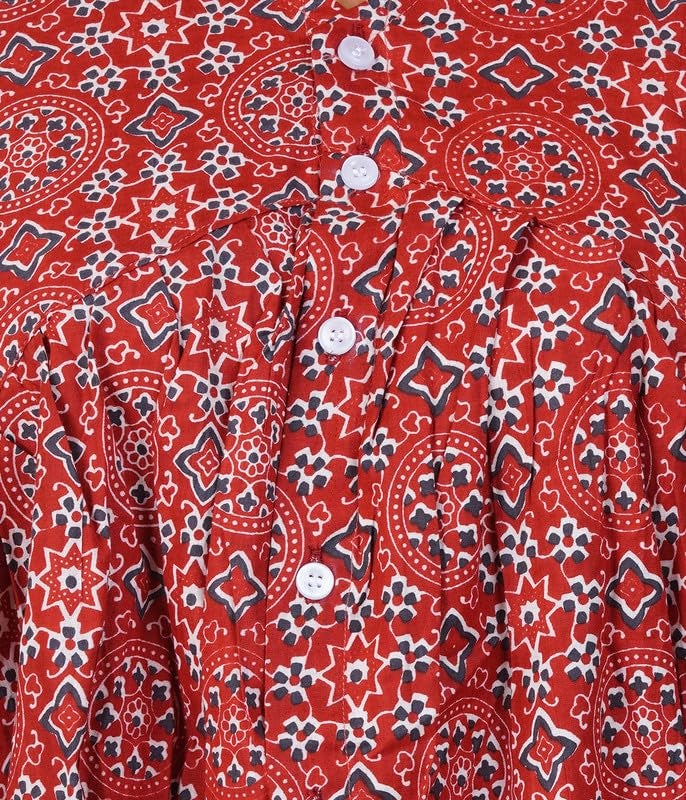 MENMAII Women's Pleated/AliaCut (L to 4XL)- Front Open/Button Down/Maternity/Feeding/Elderly/Hospital Use Short Length Dress -[Ajrak Red-4XL] - Image 2