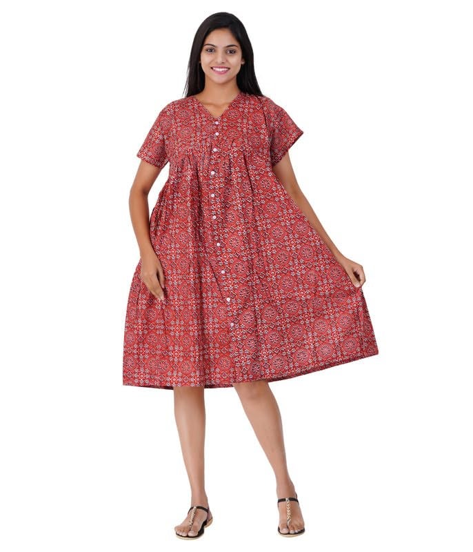 MENMAII Women's Pleated/AliaCut (L to 4XL)- Front Open/Button Down/Maternity/Feeding/Elderly/Hospital Use Short Length Dress -[Ajrak Red-4XL] - Image 1