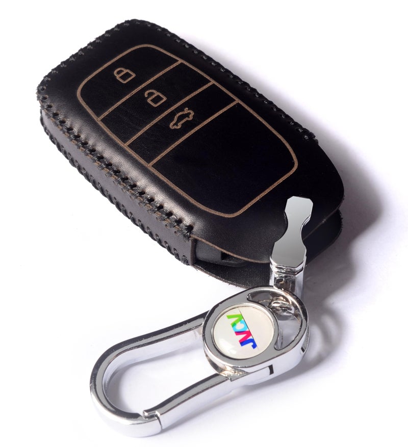 JVCV® Car Styling Soft Handmade Leather Key Cover Compatible with Toyota 3 Button Smart Key with Keychain (3 Button Smart Key, Black) - Image 1