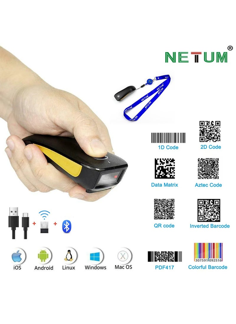 NETUM - NETUM 1D 2D QR Code Scanner, Mini Barcode Scanner Bluetooth Compatible, Small Portable USB Bar Code Scanner for Inventory, 2.4G Cordless Image Reader for Tablet iPhone iPad Android iOS PC POS - Image 1