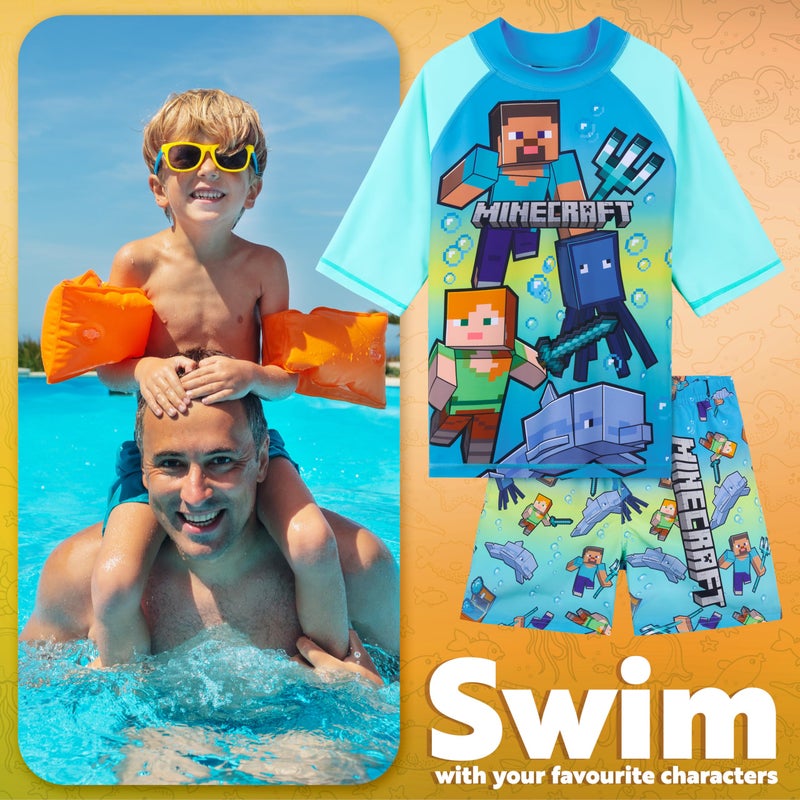 Get Trend Minecraft Bathing Suit Set for Boys Teens 2 Pcs Swim Trunks Boys Rash Guard (7-8 Years, Blue/Green Minecraft) - Image 3