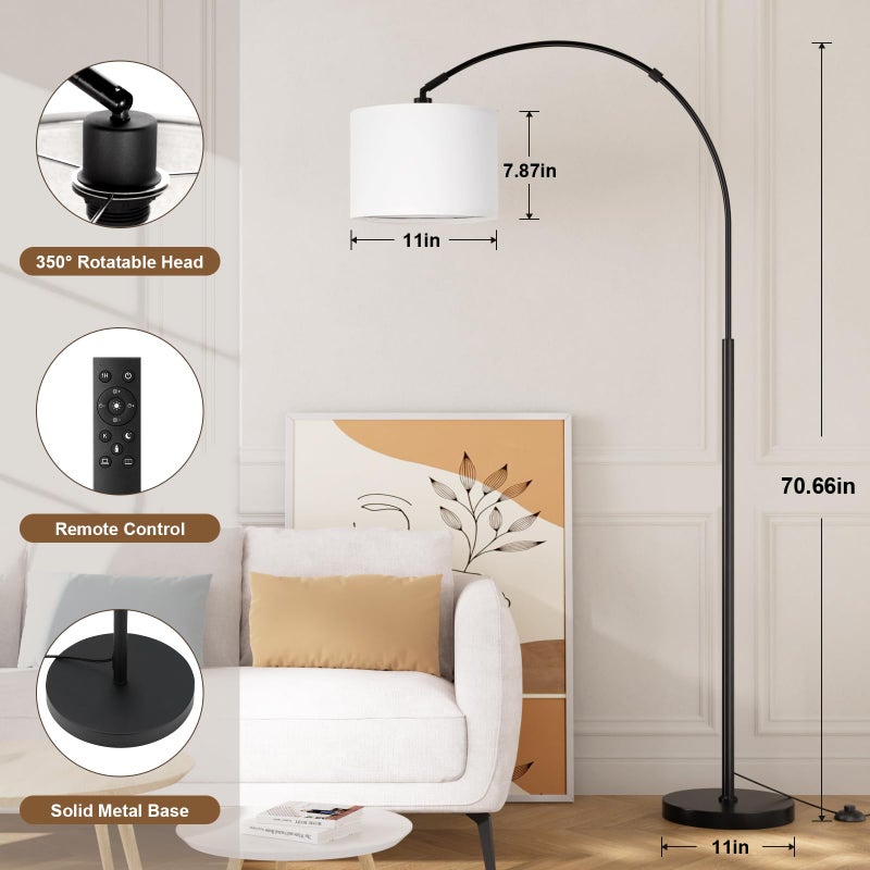 Ambimall Dimmable Arc Floor Lamp with Remote, Color Temperatures and Brightness Adjustable, Arched Floor Lamp with Rotating Head, Over Couch Arched Reading Light for Living Room (White and Black) - Image 2
