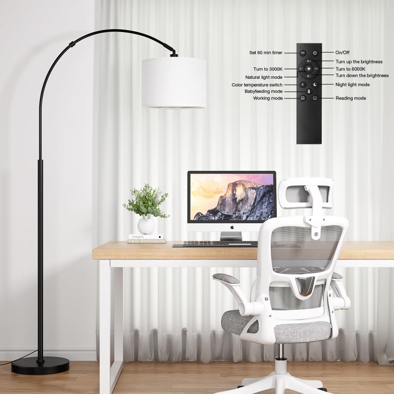 Ambimall Dimmable Arc Floor Lamp with Remote, Color Temperatures and Brightness Adjustable, Arched Floor Lamp with Rotating Head, Over Couch Arched Reading Light for Living Room (White and Black) - Image 3