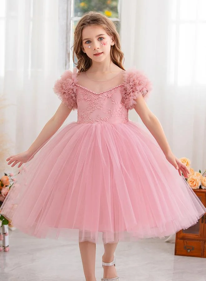 Take Two Girls Floral Mesh Lace Contrast Bow Detail Mesh Party Dress