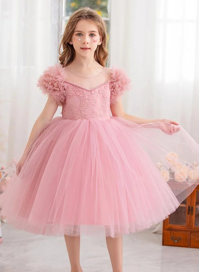 Take Two Girls Floral Mesh Lace Contrast Bow Detail Mesh Party Dress