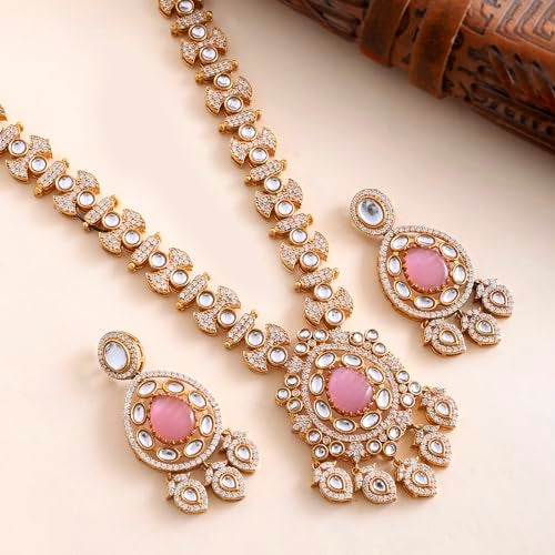 VOYLLA Hasli Opulent Pink And White Kundan Studded Gold Necklace Set, Hasli Necklace Set For Women, Antique Gold, Gift For Her, Wedding Set - Image 2