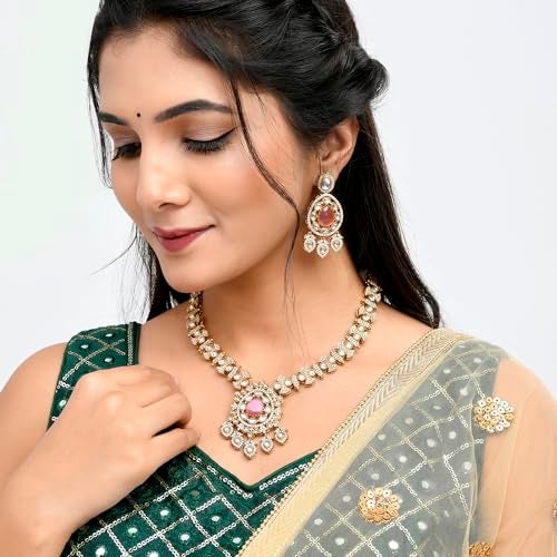 VOYLLA Hasli Opulent Pink And White Kundan Studded Gold Necklace Set, Hasli Necklace Set For Women, Antique Gold, Gift For Her, Wedding Set - Image 3