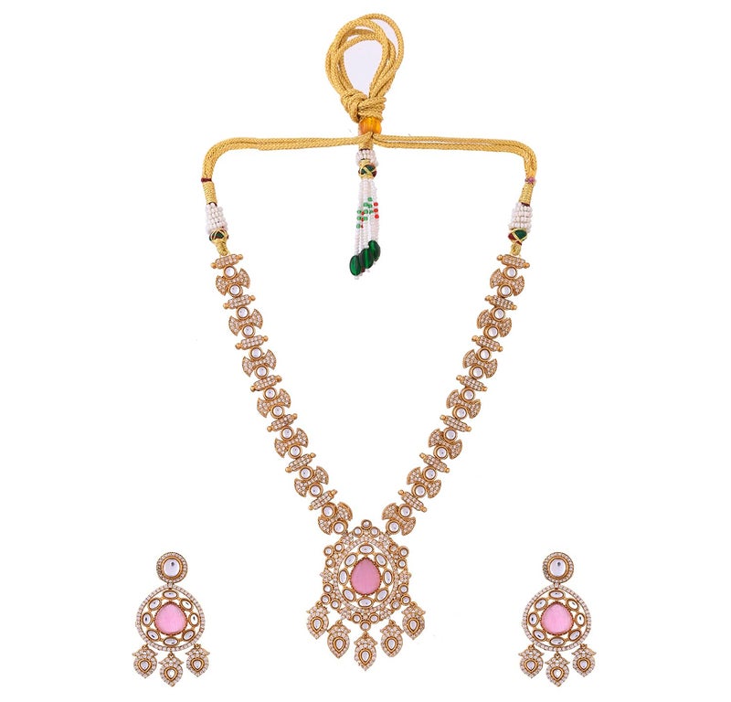 VOYLLA Hasli Opulent Pink And White Kundan Studded Gold Necklace Set, Hasli Necklace Set For Women, Antique Gold, Gift For Her, Wedding Set - Image 4