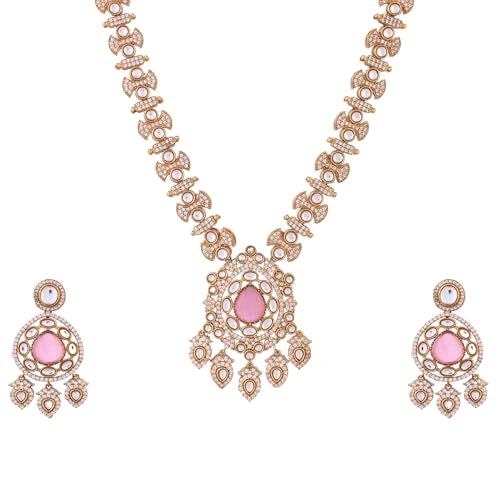VOYLLA Hasli Opulent Pink And White Kundan Studded Gold Necklace Set, Hasli Necklace Set For Women, Antique Gold, Gift For Her, Wedding Set - Image 1
