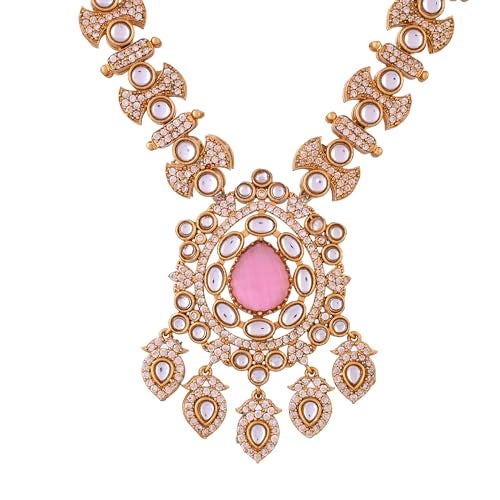 VOYLLA Hasli Opulent Pink And White Kundan Studded Gold Necklace Set, Hasli Necklace Set For Women, Antique Gold, Gift For Her, Wedding Set - Image 5