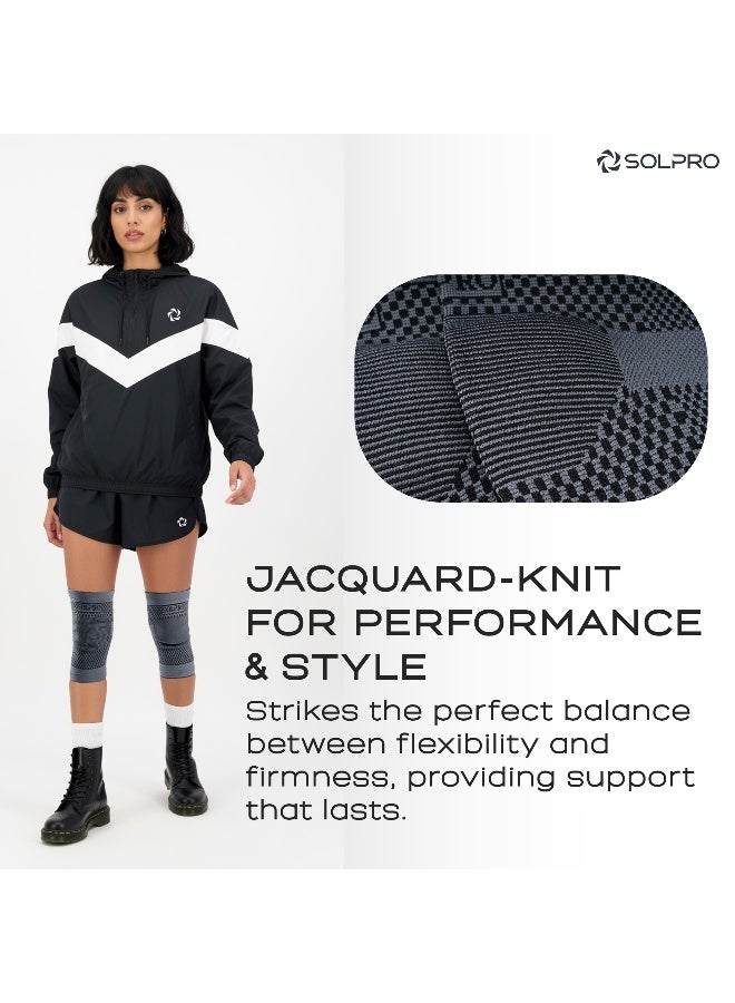 SOLPRO Pivot  Jacquard Knee Pad for Men & Women | Joint Stabiliser for All Sports, Gym & Rehab Workouts | Joint Pain Relief for Active Lifestyle Injury Recovery & Arthritis (Black/Dark Grey) - Image 4