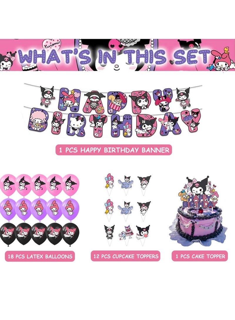 Bebiland 32PCS Kuromi Cartoon Decorations, Anime Themed Birthday Party Supplies,  Includes Happy Birthday Banner, Cake Toppers, Balloons and Party Centerpiece - Image 2