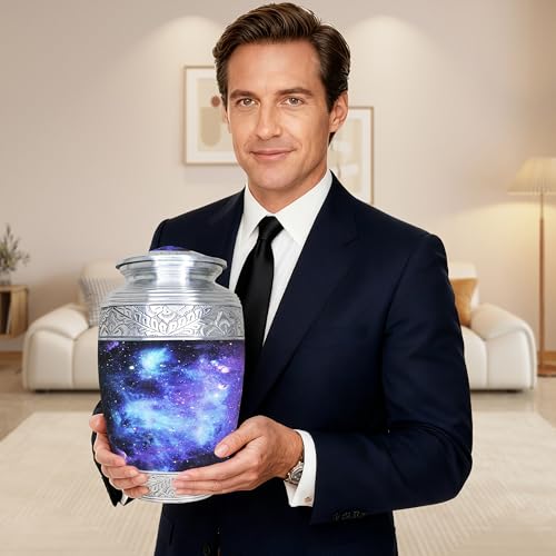 M MEILINXU Urn for Ashes Adult Male & Female, Cremation Urns for Human Ashes Adult Man & Woman, Aurora Borealis Cremation Container, Funeral Decorative Urn for Burial, Blue Cosmic Galaxy - Large - Image 5
