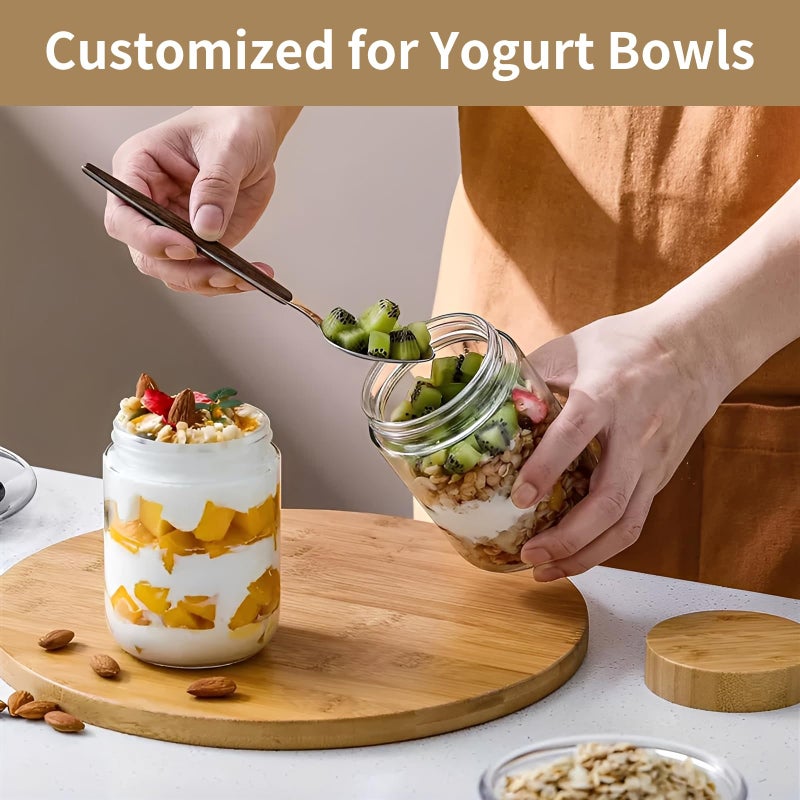 DOVORSY 16oz Overnight Oats Container with Bamboo Lid, Glass Jar with Airtight Lid for Meal Prep, Wide Mouth Mason Salad Jar, Glass Food Storage Container for Yogurt, Chia Snacks, and Spiced Candies (6 Pack) - Image 5