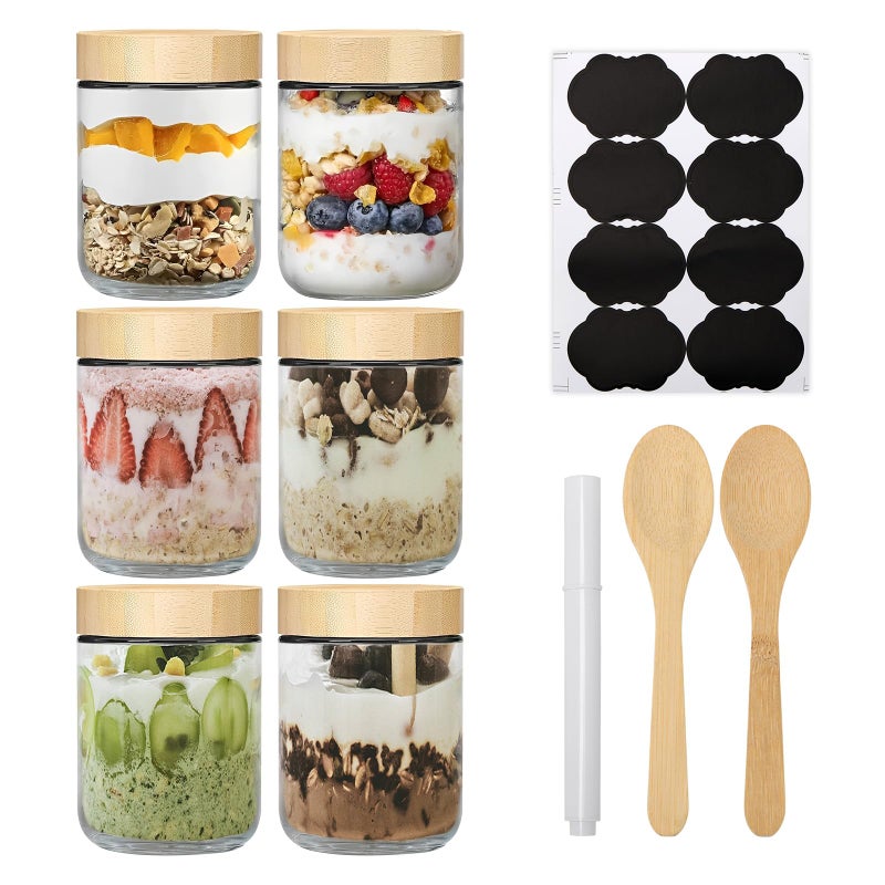 DOVORSY 16oz Overnight Oats Container with Bamboo Lid, Glass Jar with Airtight Lid for Meal Prep, Wide Mouth Mason Salad Jar, Glass Food Storage Container for Yogurt, Chia Snacks, and Spiced Candies (6 Pack) - Image 1