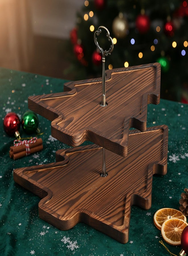 Amyhill Wood 2-Tiered Christmas Tree Tray Cupcake Stand Dessert Display Holiday Serving Platters Xmas Wooden Charcuterie Board for Snacks Food Fruit Appetizers Desserts Cookies (Dark Brown) - Image 1