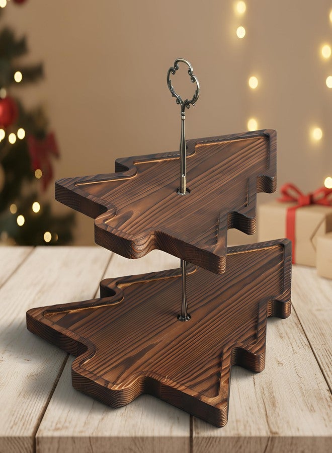 Amyhill Wood 2-Tiered Christmas Tree Tray Cupcake Stand Dessert Display Holiday Serving Platters Xmas Wooden Charcuterie Board for Snacks Food Fruit Appetizers Desserts Cookies (Dark Brown) - Image 4