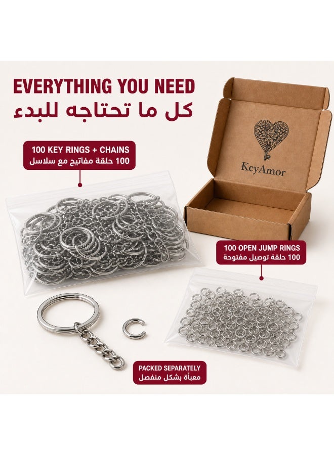 كيامور KeyAmor طقم 100 قطعة فضية سلاسل حلقات مفاتيح DIY مع حلقات تقسيم وحلقات فتح لصنع علاقات المفاتيح - Image 2
