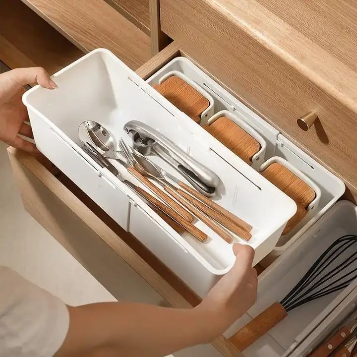 SUKHAD Expandable Household Accessories storage basket for drawers Set of 3 Small Kitchen storage basket White Plastic - Image 1