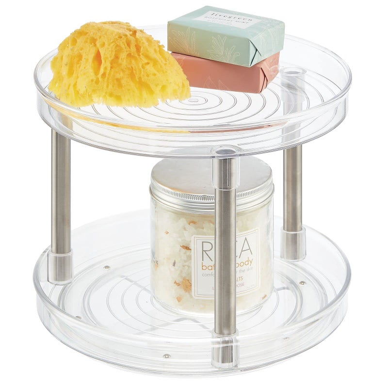 mDesign Spinning 2-Tier Lazy Susan Turntable Storage Tower, Rotating Organizer for Bathroom Cabinet, Vanity Counter, Sink - Double Decker Carousel Makeup Organizer, Ligne Collection, Clear - Image 1