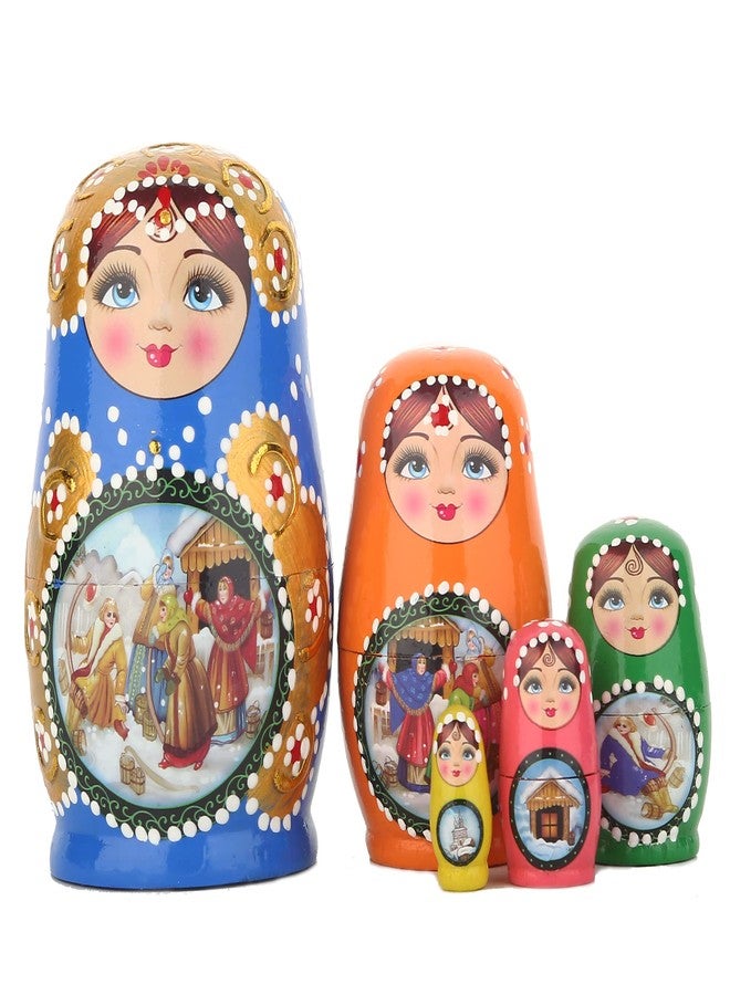 JoyNest Russian Nesting Dolls Set 5 Pieces Matryoshka Wood Stacking Nested Set Story Girl Handmade Toys for Children Kids Christmas Birthday Halloween Wishing Gift (Blue Girls)… - Image 1