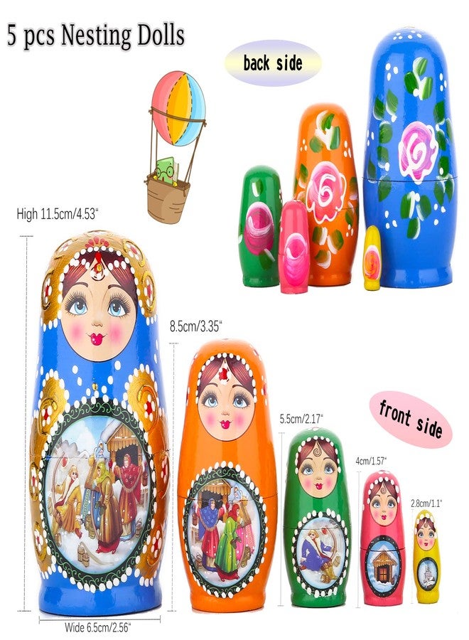 JoyNest Russian Nesting Dolls Set 5 Pieces Matryoshka Wood Stacking Nested Set Story Girl Handmade Toys for Children Kids Christmas Birthday Halloween Wishing Gift (Blue Girls)… - Image 3