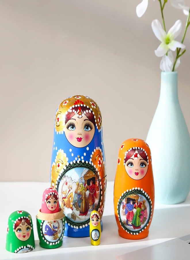 JoyNest Russian Nesting Dolls Set 5 Pieces Matryoshka Wood Stacking Nested Set Story Girl Handmade Toys for Children Kids Christmas Birthday Halloween Wishing Gift (Blue Girls)… - Image 5
