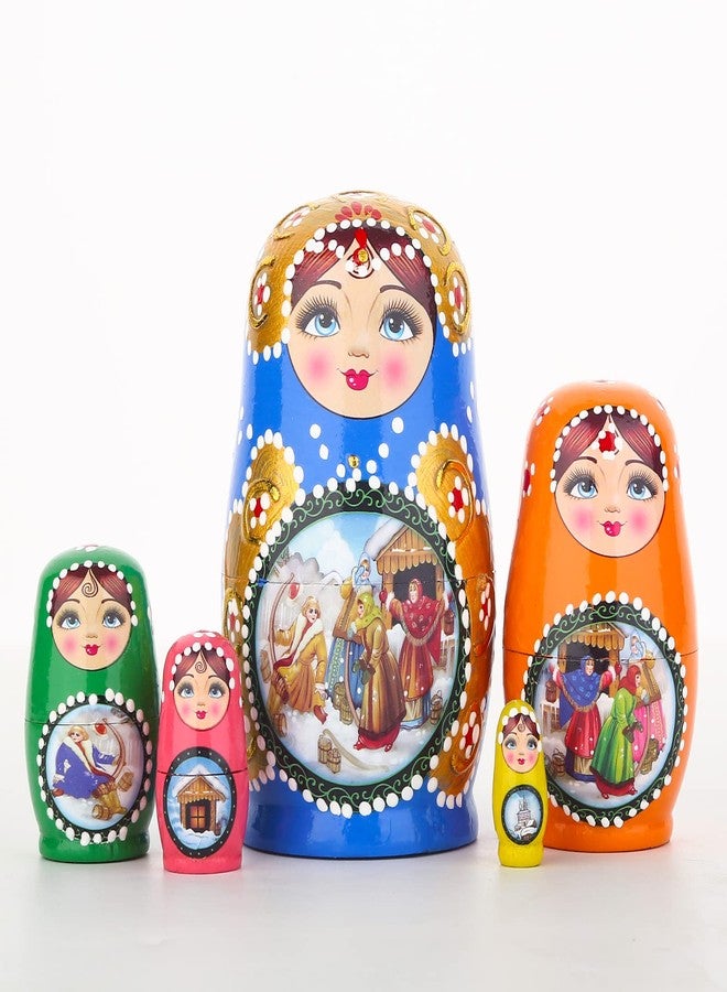 JoyNest Russian Nesting Dolls Set 5 Pieces Matryoshka Wood Stacking Nested Set Story Girl Handmade Toys for Children Kids Christmas Birthday Halloween Wishing Gift (Blue Girls)… - Image 2