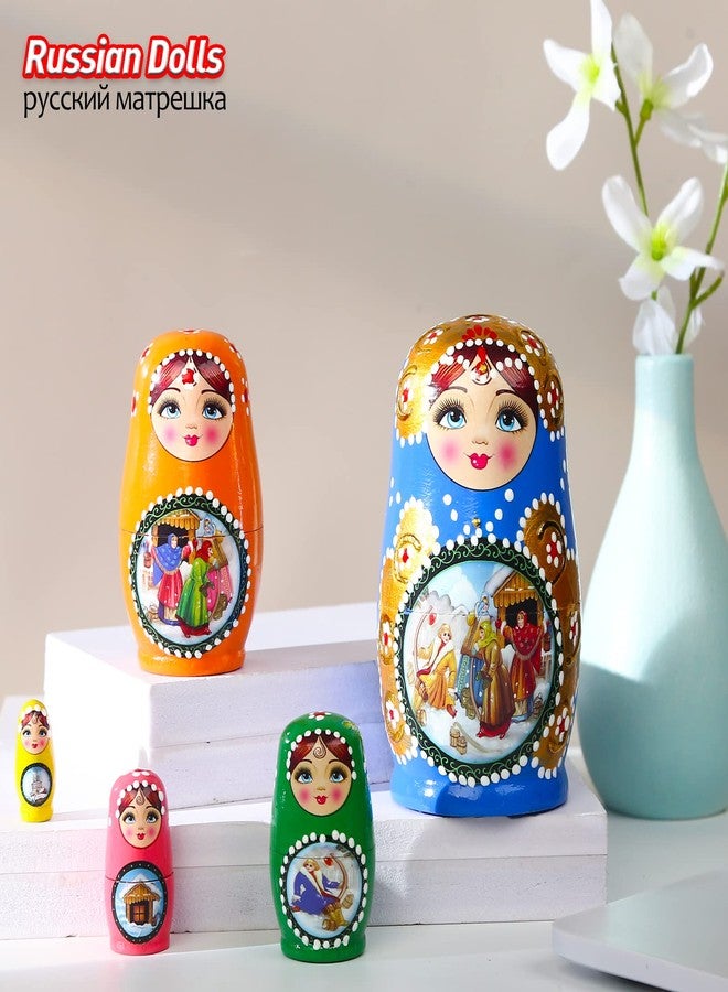 JoyNest Russian Nesting Dolls Set 5 Pieces Matryoshka Wood Stacking Nested Set Story Girl Handmade Toys for Children Kids Christmas Birthday Halloween Wishing Gift (Blue Girls)… - Image 4