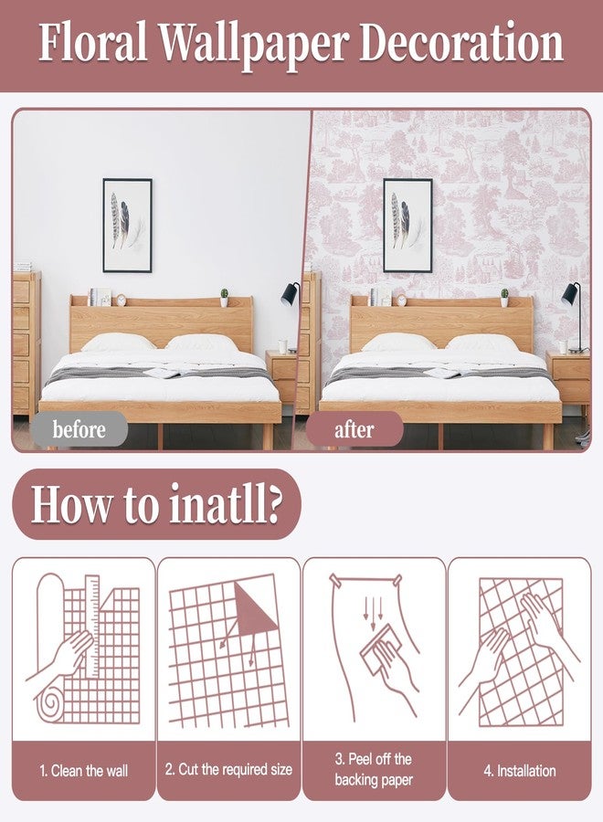 Abyssaly Toile Peel and Stick Wallpaper Pink and White Wallpapers Floral Vintage Contact Paper French Country Removable Self-Adhesive Boho Vinyl Wrap for Girls Bedroom Bathroom Cabinet 17.3" x 78.7" - Image 5