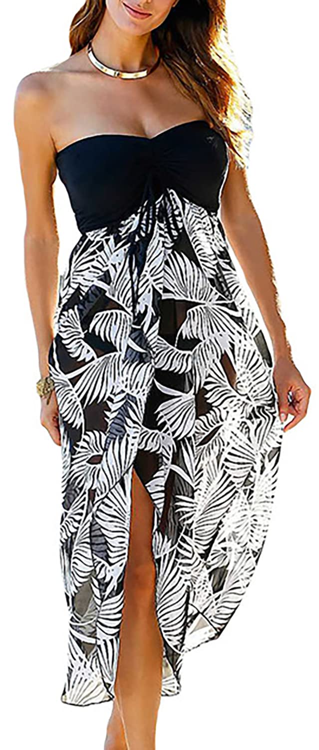 CHICGAL Women's Beach Dress Summer Sundress Maxi Strapless Cover Ups Vacation Wrap Dresses(A Maxi White Leaf,L) - Image 1