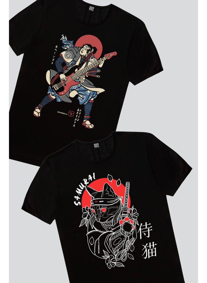 Rock&Roll Samurai Cat, Japanese Bassist Men's T-Shirt Eco Pack of 2  - Image 1
