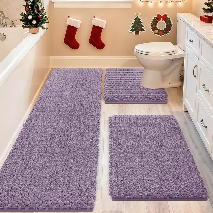 UPGRADE EXTRA LARGE LAVENDER BATHROOM RUG SET 3 PIECES ULTRA SOFT THICK ABSORBENT BATH MATS NON SLIP CHENILLE TOILET MAT FOR BATHROOM BEDROOM KITCHEN