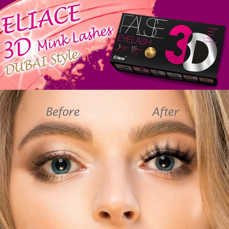Eliace Lashes Wispy Luxury False Eyelashes Wispies Natural 3D Mink Eyelashes Faux Mink Lashes Fluffy Cat Eye Lashes Pack Professional Fake Eye lashes Natural Look Reusable Strip Lashes 15 Pairs Dubai - Image 3