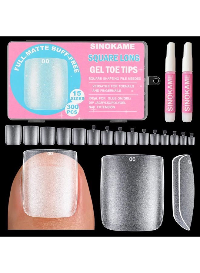 SINOKAME Wider Long Square Toe Nail Tips Full Cover with Glue, SINOKAME No File Matte Toe Nail Press Ons Clear, Soak Off Fake Toenails Extensions DIY Home Manicure Kit for Women &Men,300 Pcs 15 Sizes - Image 1