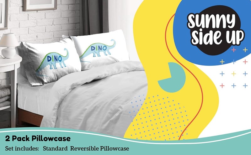 Sunny Side Up Dino Roar 2 Pack Reversible Pillowcases - Double Sided Pillow Covers, Kids Super Soft Dinosaur Bedding - Image 2