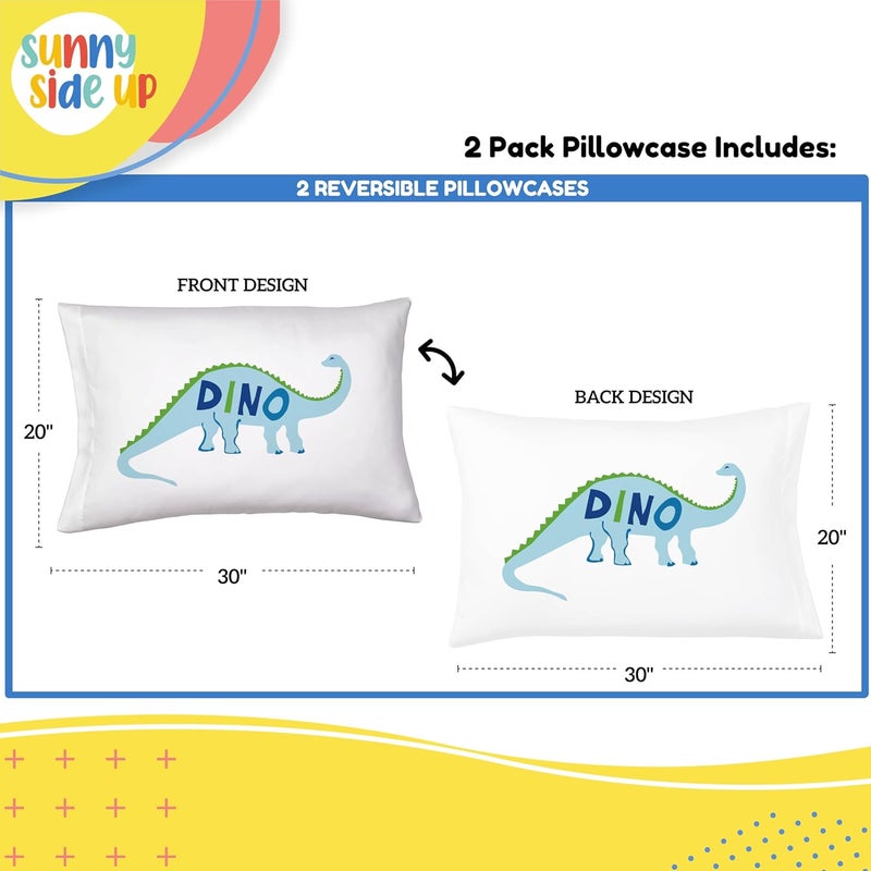Sunny Side Up Dino Roar 2 Pack Reversible Pillowcases - Double Sided Pillow Covers, Kids Super Soft Dinosaur Bedding - Image 3