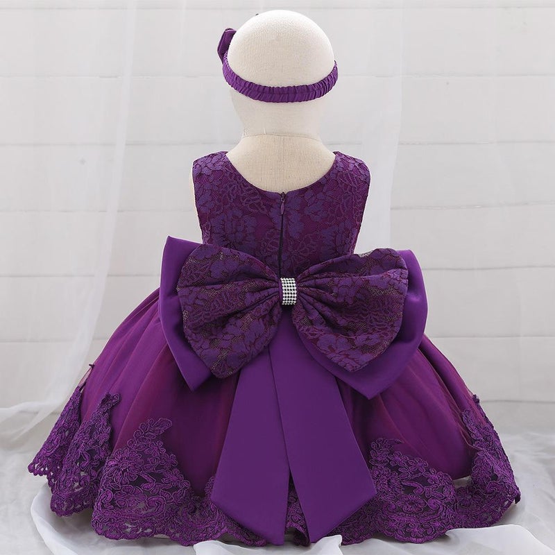 Amazon Baby Dress Big Bow Lace Wedding Princess Dress Baby One Year Old Wash Dress Hair Belt L1911XZ-Deep Purple 