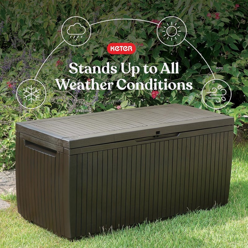 Keter Springwood 80 Gallon Resin Outdoor Storage Box for Patio Furniture Cushions, Pool Toys, and Garden Tools with Handles, Brown - Image 3