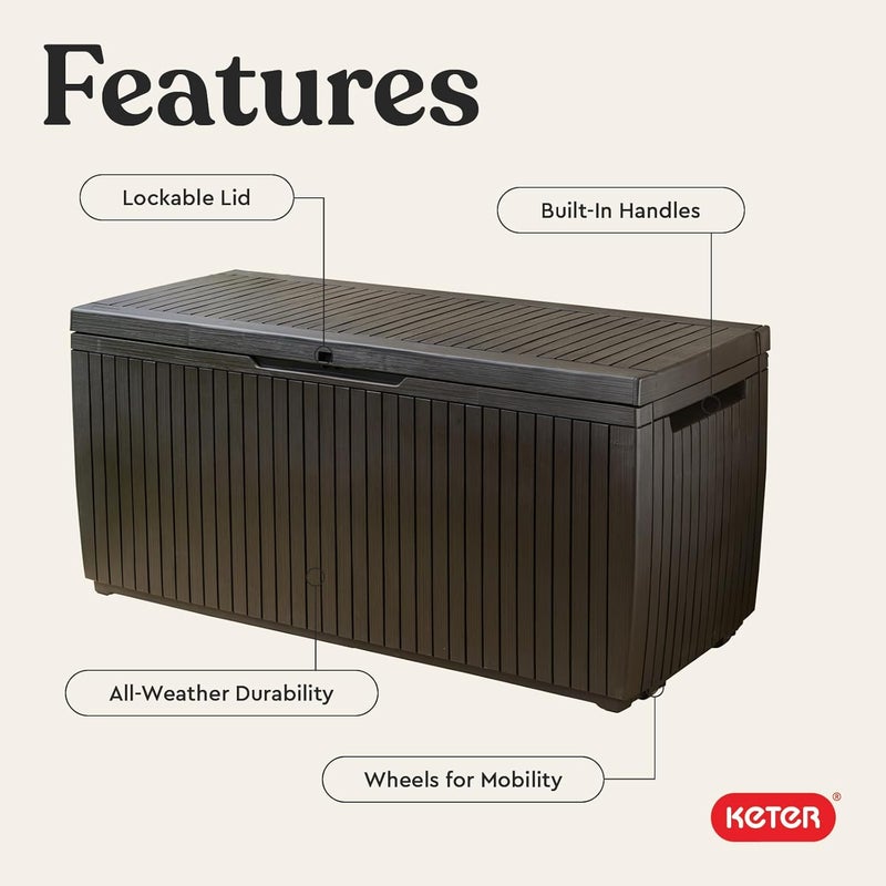 Keter Springwood 80 Gallon Resin Outdoor Storage Box for Patio Furniture Cushions, Pool Toys, and Garden Tools with Handles, Brown - Image 4