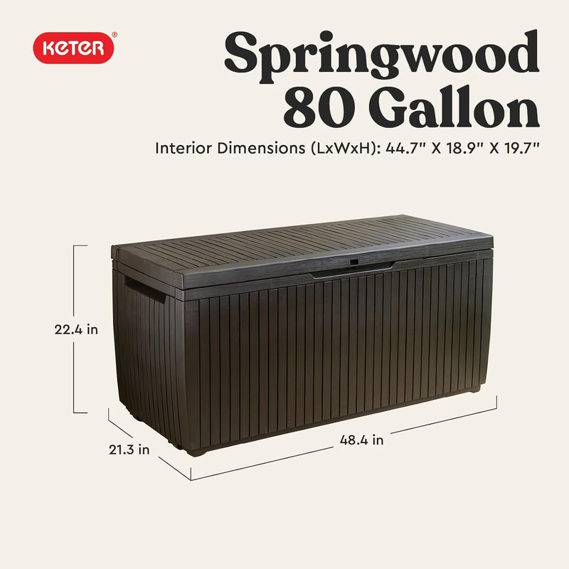 Keter Springwood 80 Gallon Resin Outdoor Storage Box for Patio Furniture Cushions, Pool Toys, and Garden Tools with Handles, Brown - Image 2
